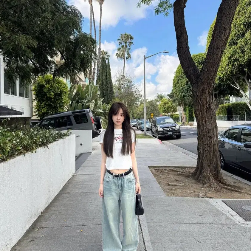 파리지앵바이브 워시드블루 와이드 데님 팬츠