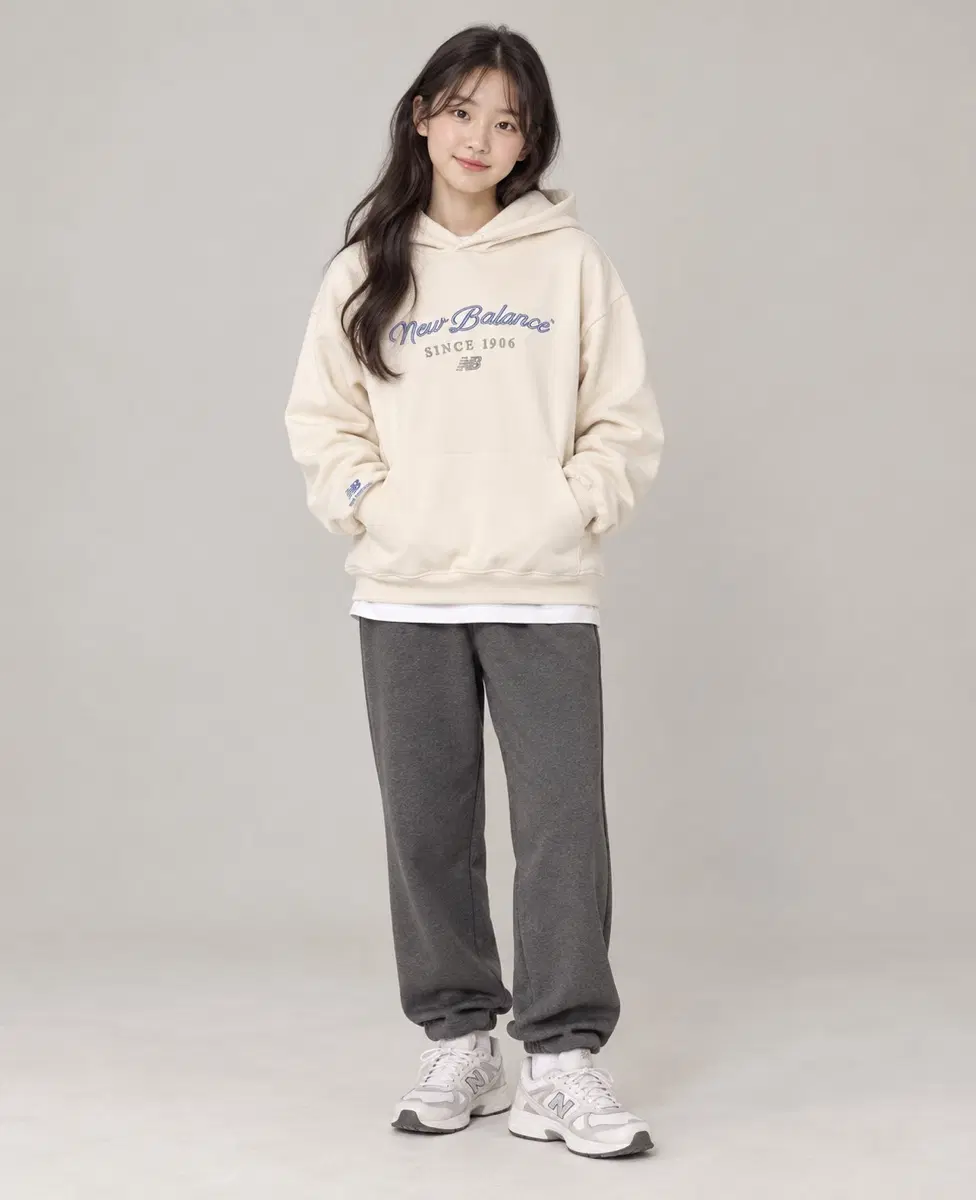 150사이즈 뉴발란스 1906 후드티셔츠 레이어드 일체형 아이보리 정품 키즈