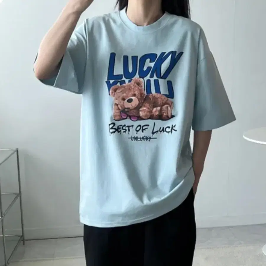 럭키 곰돌이 나염 프린팅 오버핏 커플 반팔 티셔츠