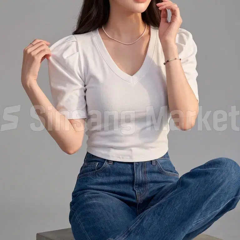 [빠른발송] 블랑패드t 팔뚝소멸 브이넥 섹시 슬림핏 크롭티 데일리 캐주얼