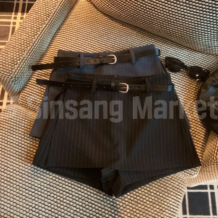 [빠른발송] 센스치마바지 벨트세트 레이어드 숏팬츠 단가라 반바지 데일리
