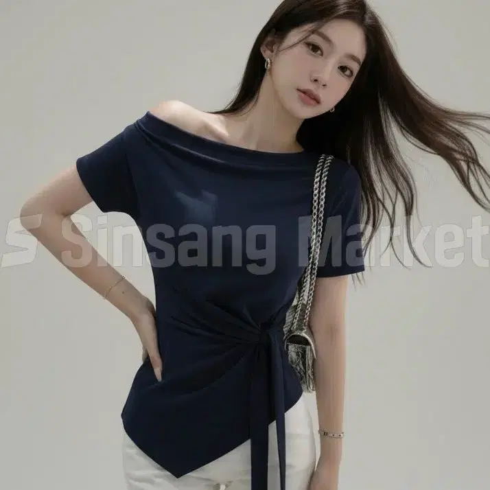 [빠른발송] 로얄블루t 언발 오프숄더 여름반팔티 럭셔리 데일리 캐주얼 하