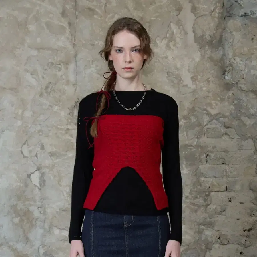 라티젠 L13 KNIT TOP SET RED 레드 탑 블랙 니트 세트