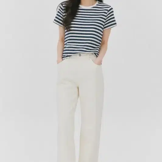 MUJI 무인양품 여성 블랙 화이트 스트라이프 반팔 티셔츠 슬림핏 캐주얼룩 [M] 코튼 혼방