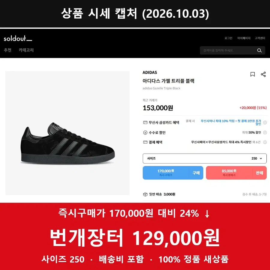 아디다스 가젤 트리플 블랙 250