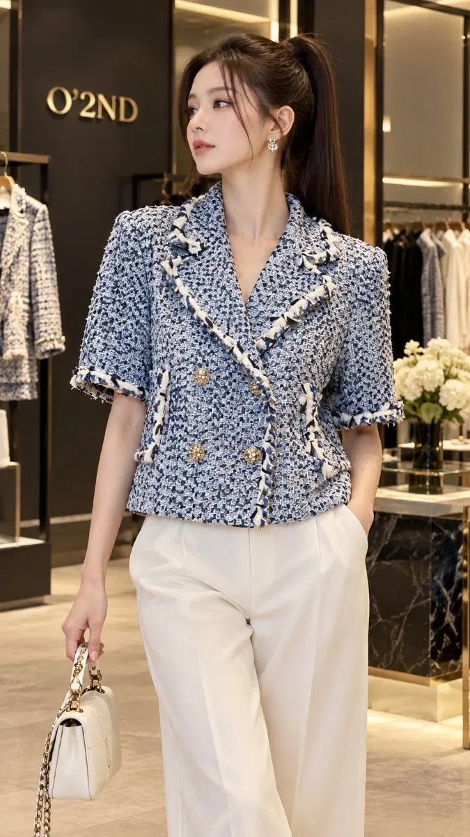 (55) Hansem O'2nd Double-button Half Sleeve Blue Tweed Jacket