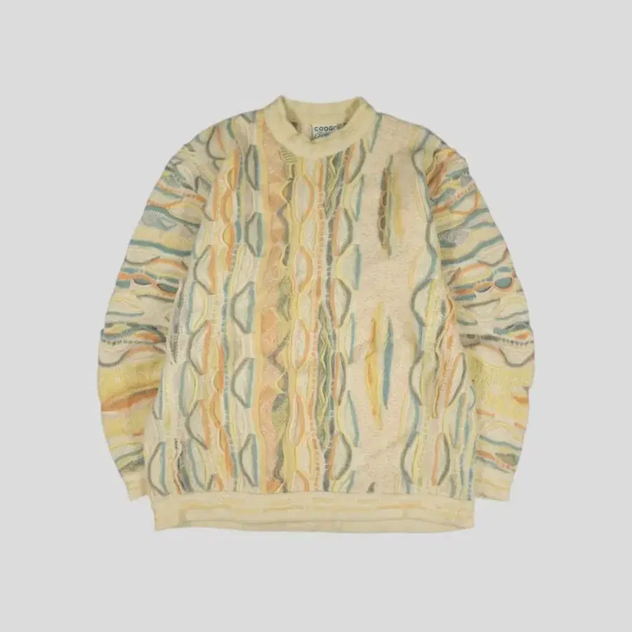 COOGI 쿠지 라이트옐로우 멀티컬러 3D케이블패턴 쿠지패턴 히피 모리 라운드넥 캐시미어100 니트 MADE IN AUSTRALIA M