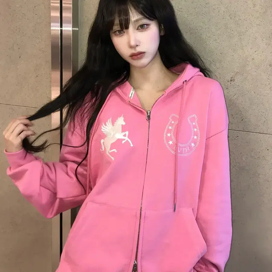 러브이즈트루 유니콘 후드집업 + 츄리닝 셋업 핑크