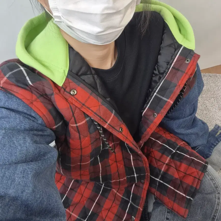 발렌시아가 18FW 오버핏 체크 패치워크 후드 데님 재킷 L