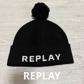 REPLAY 블랙 니트 모자 폼폼 포함