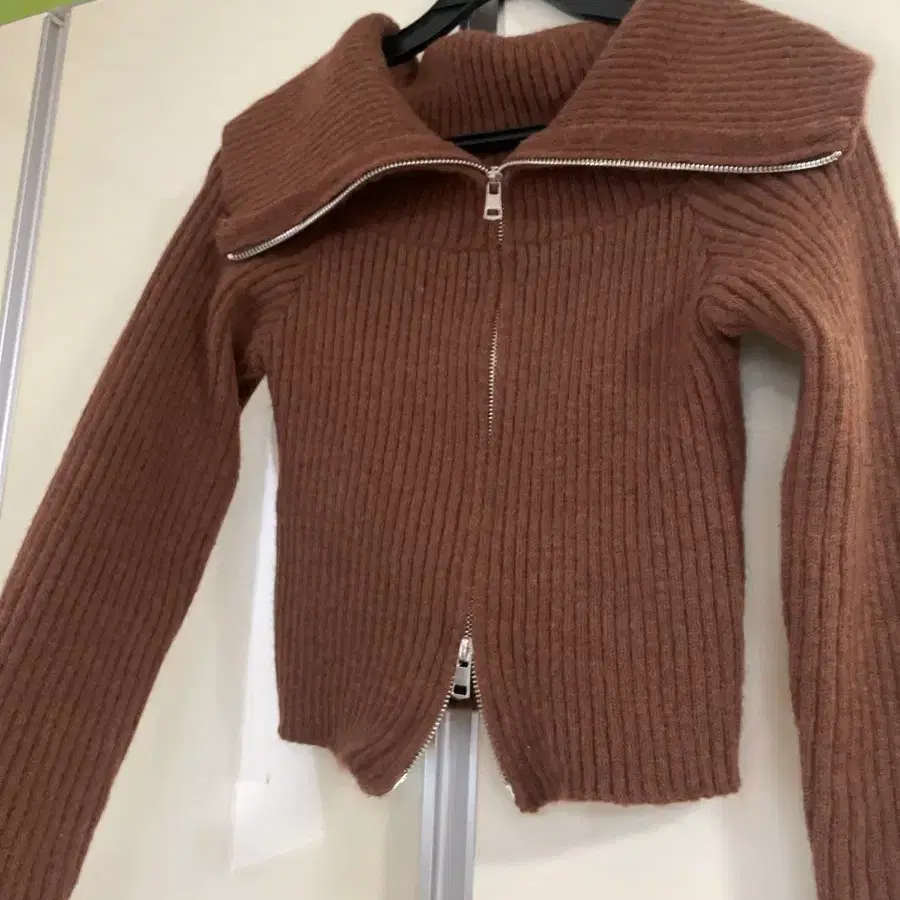브라운 투웨이 집업 빅카라 골지 가디건