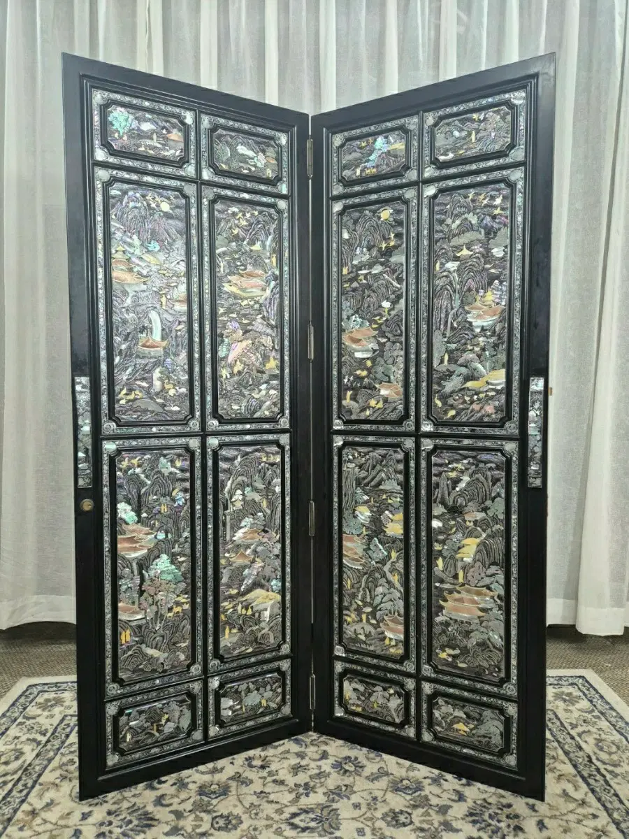 NO 10-2 L 70S 빈티지 통영 자개 산수경 2폭 병풍 파티션