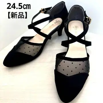 [ 새상품 ] 블랙 도트 메쉬 스트랩 펌프스 블랙 넓은 발볼 발등 높음 24.5cm