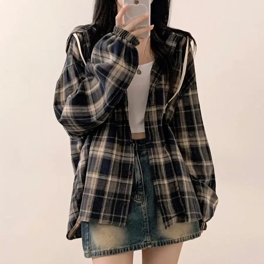 체크 후드 단추 집업 네이비