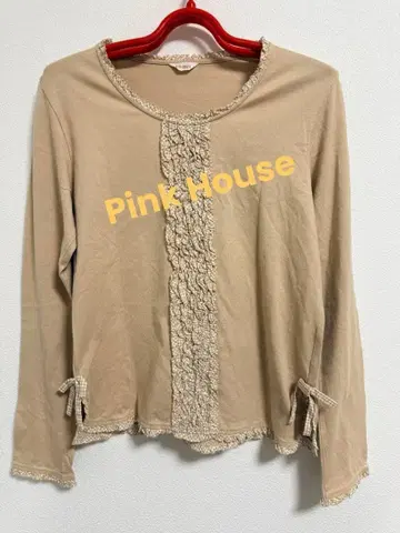 PINK HOUSE 깅엄 체크 프릴 긴팔 티셔츠 베이지