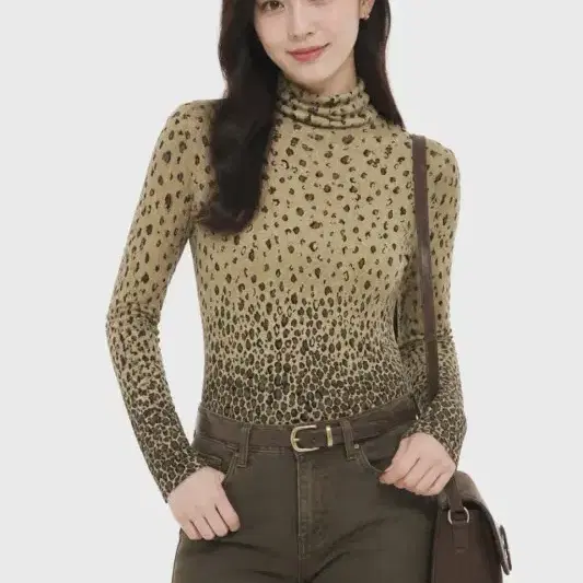 KRIZIA 여성 베이지 브라운 레오파드 호피 터틀넥 긴팔 티셔츠 [S] 앙고라 혼방