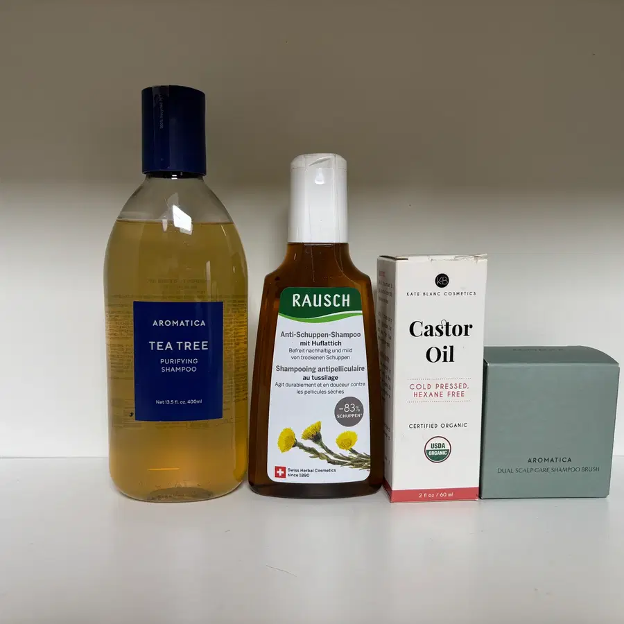 아로마티카 티트리 퓨리파잉 샴푸+라우쉬 콜츠푸트+케이트블랑 캐스터오일+아로마티카 듀얼 스칼프 케어 샴푸 브러쉬