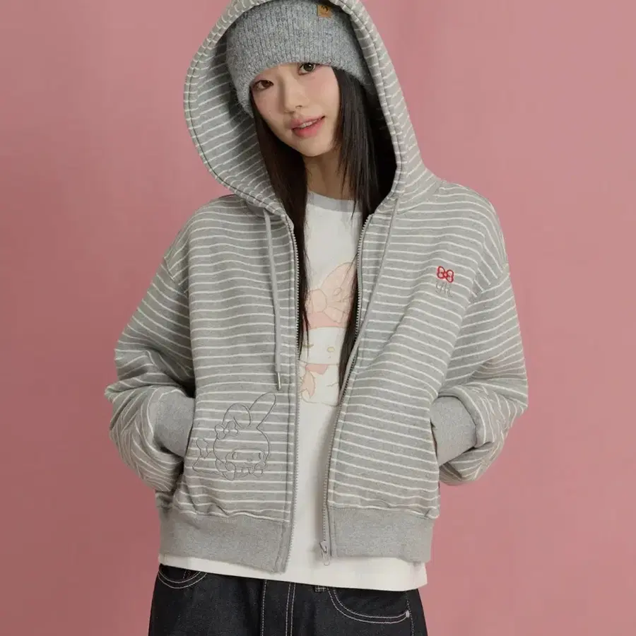 와이케이 스트로베리 마이멜로디 스트라이프 후드 집업 그레이