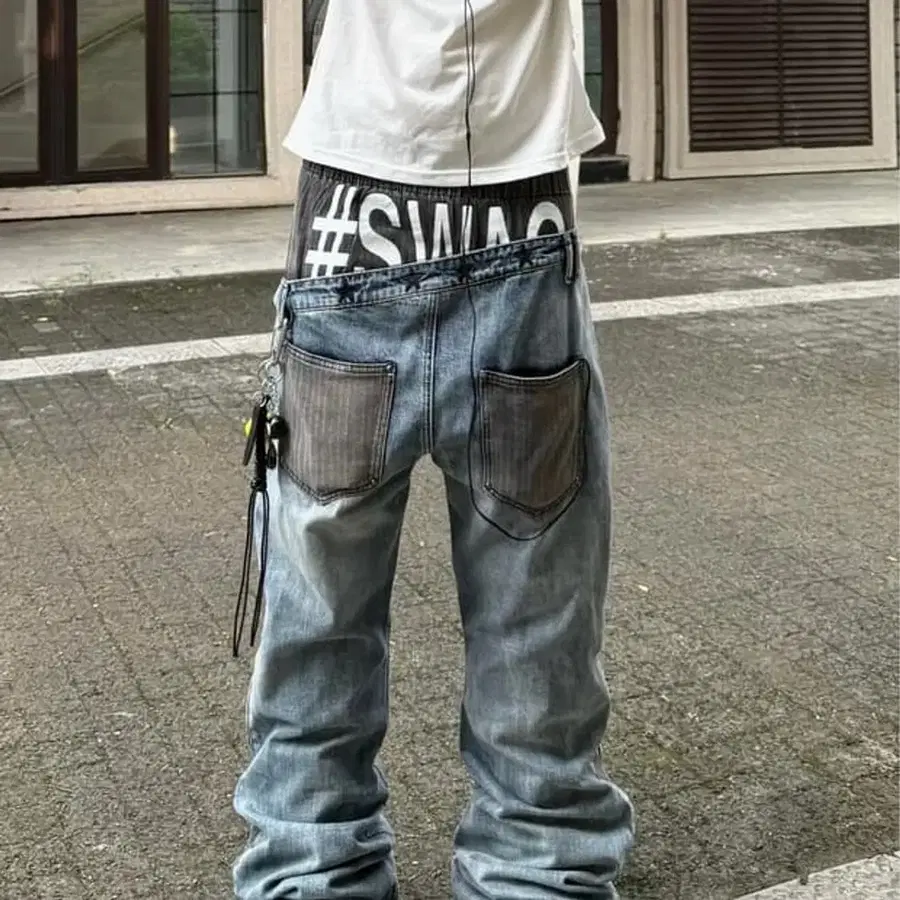 레이어드 밴딩 워싱 와이드 데님 팬츠