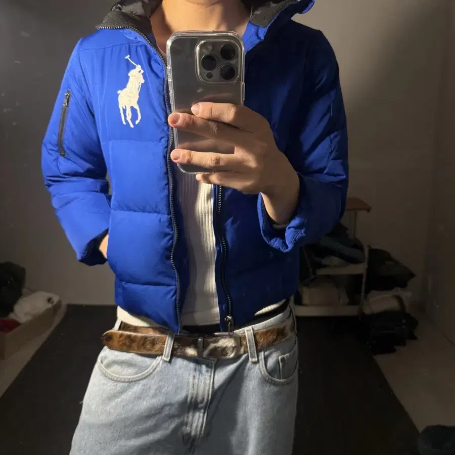 폴로 빅포니 블루 크롭 패딩