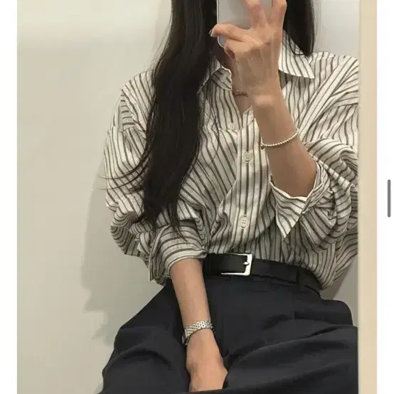 유인어스 스트라이프 오버핏 가을 셔츠 아이보리
