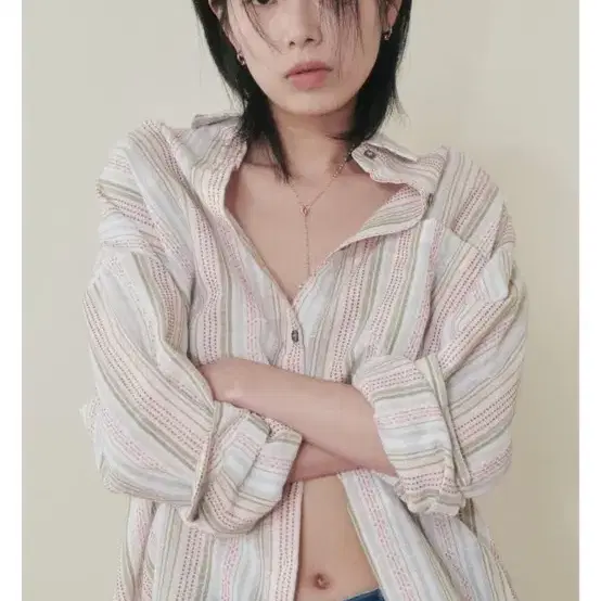 플리즈프로젝트 린넨 스트라이프 셔츠 핑크 팝니다