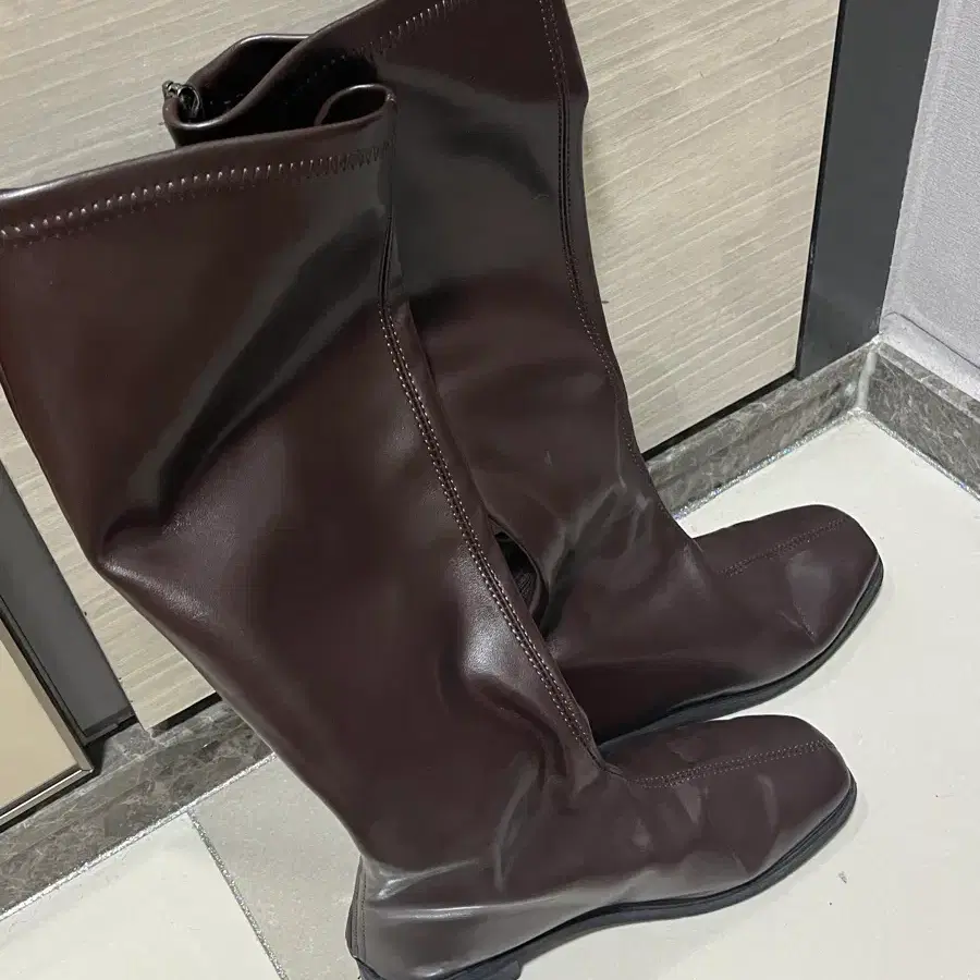 브라운 레더 가죽 롱부츠