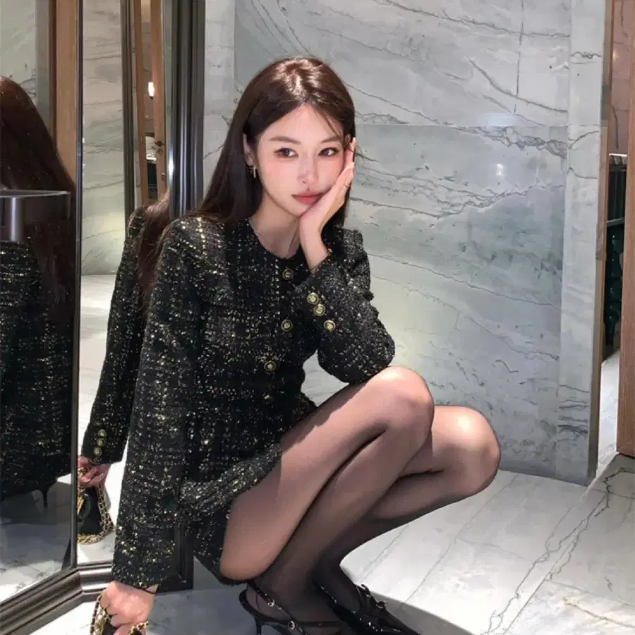 고급 펄 트위드 투피스 세트 s