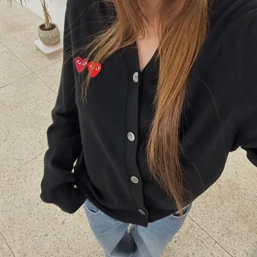 (정품)꼼데가르송 더블 하트 와펜 가디건 블랙