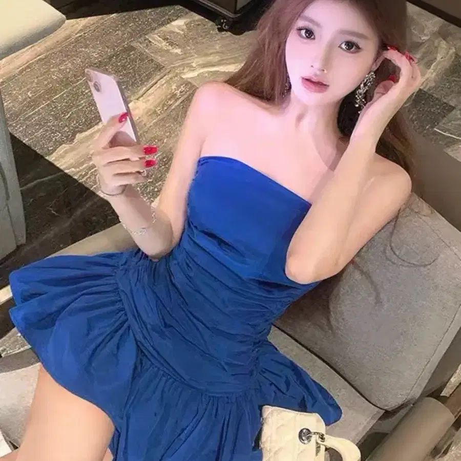튜브탑 미니 원피스 블루 바스락원단