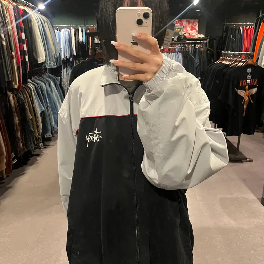 (092) STUSSY 스투시 로고 블랙 그레이 배색 웜업 바람막이