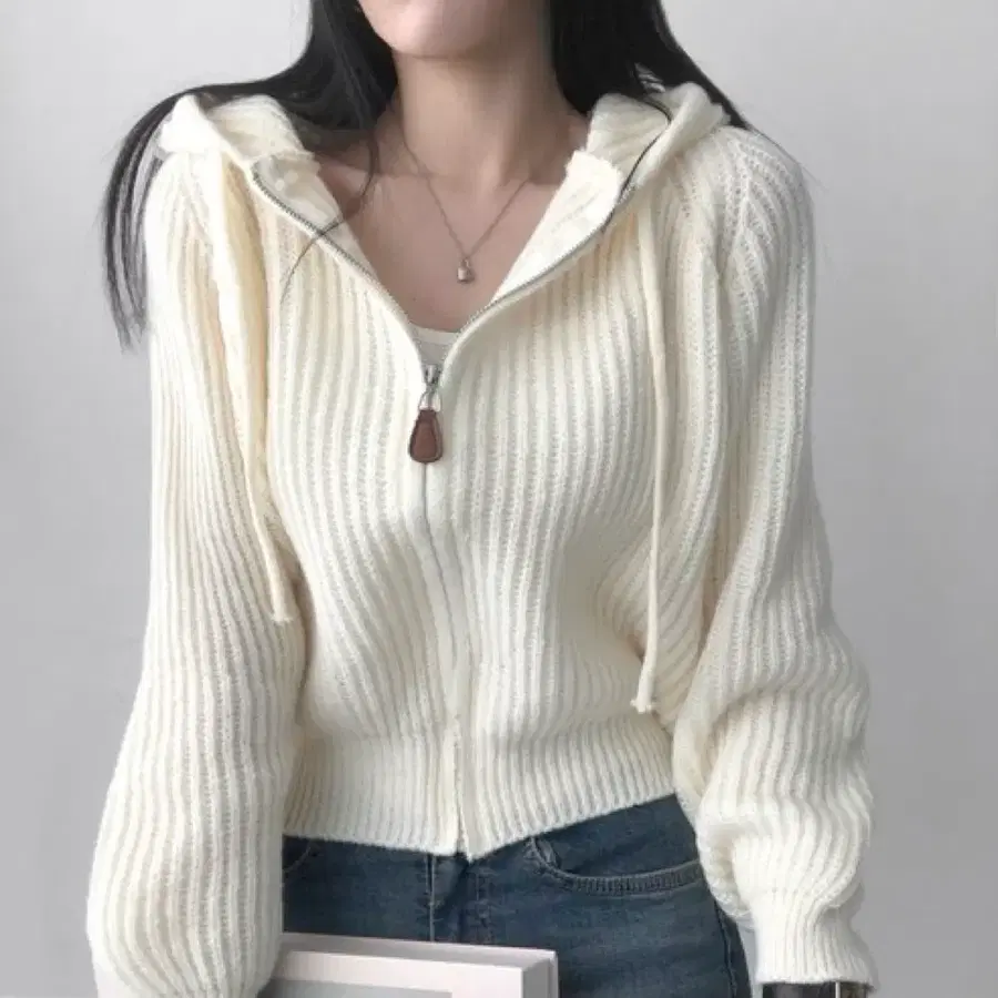 아이보리 니트 후드집업