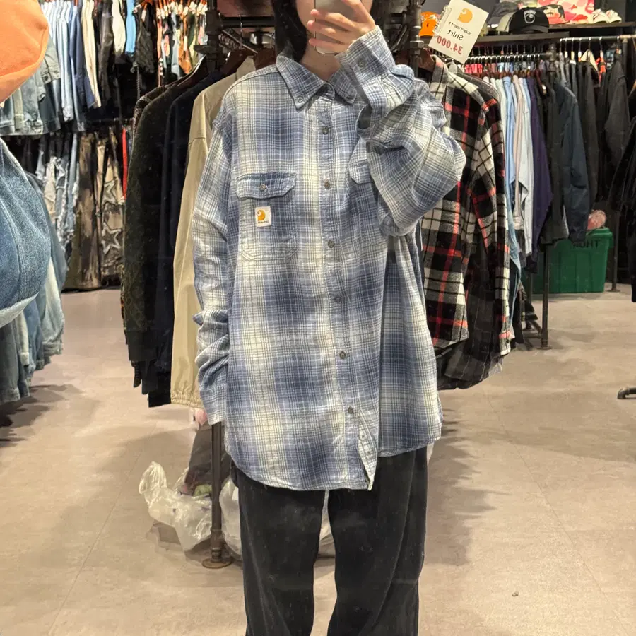 (104) CARHARTT 칼하트 블루 화이트 체크 포켓 셔츠