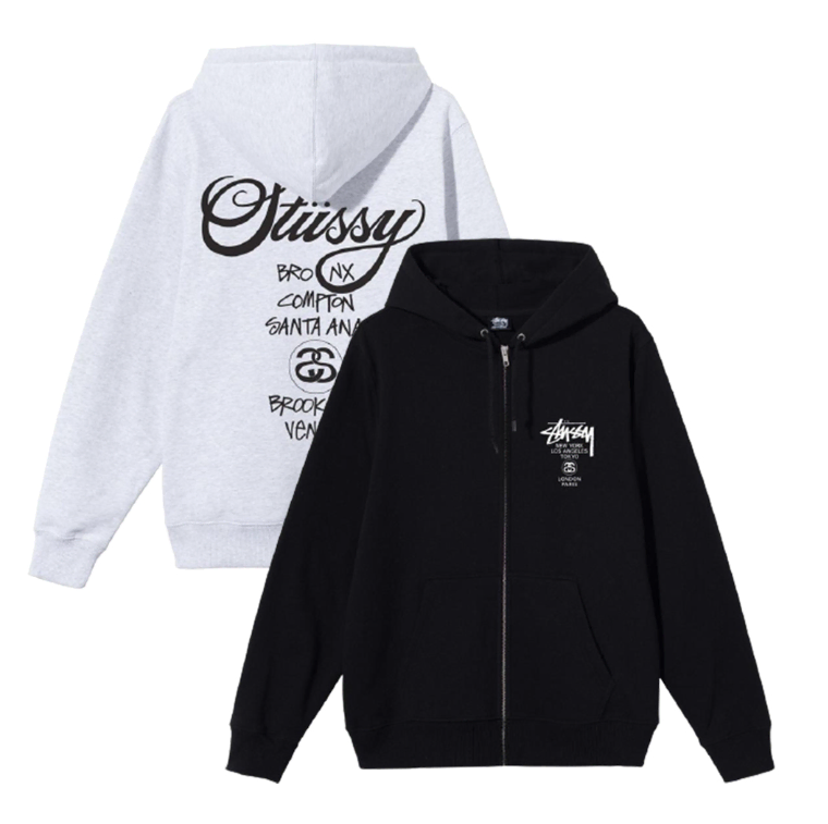 Genuine Product/Couple Discount Event) Stussy Worldtour Brushed Hoodie Zip-up Unisex (Black/Ash Heather)