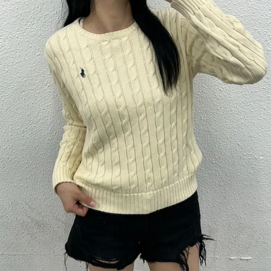 폴로 랄프로렌 네이비포니 아이보리 꽈배기 니트 M