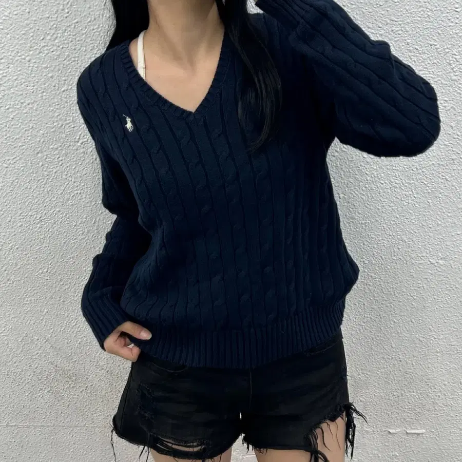 폴로 랄프로렌 화이트라인 네이비 꽈배기 니트 L