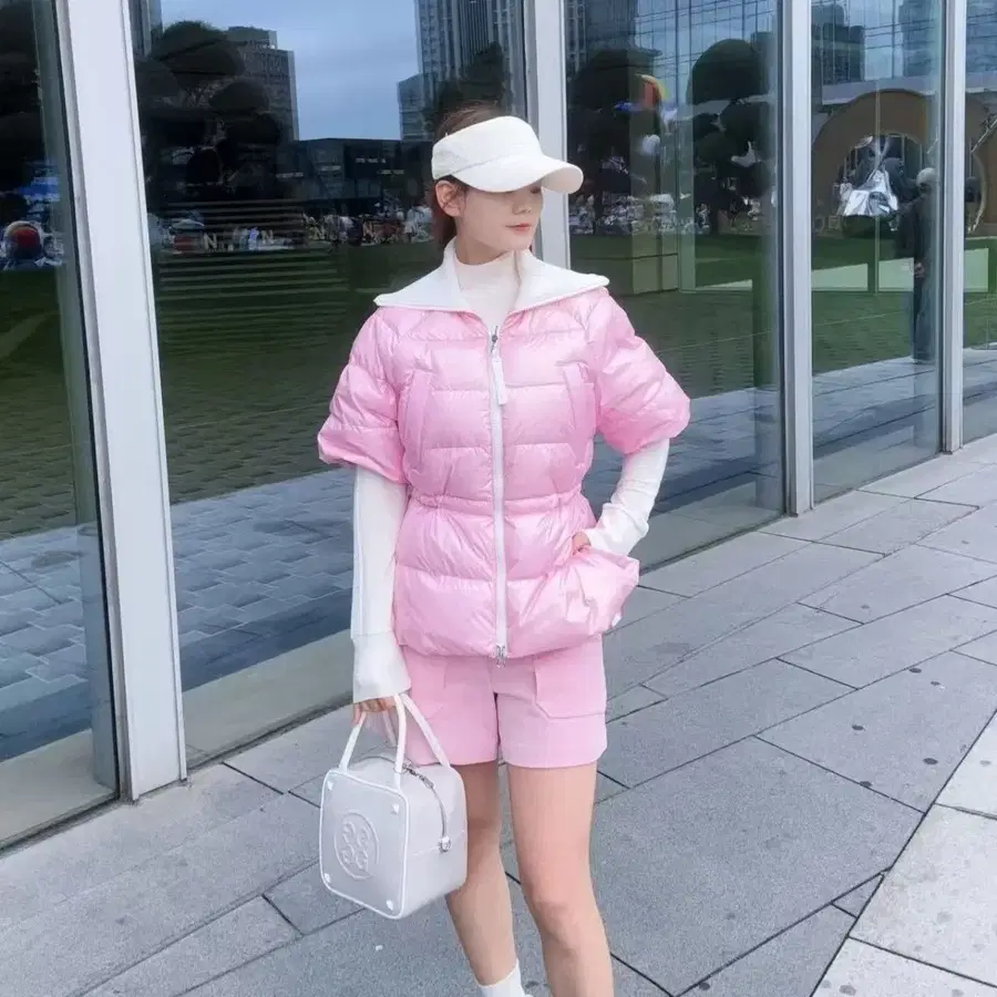 핑크 골프 반팔 경량 흰 오리털 패딩 55~66