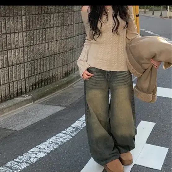애니원모어 러츠 빈티지 워싱 데님 와이드 팬츠