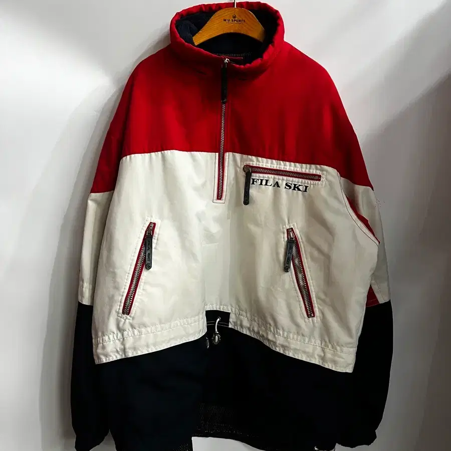 [105/XL] 휠라(FILA SKI) 올드스쿨 삼색 컬러블록 빅로고 아노락 패딩 자켓4.5