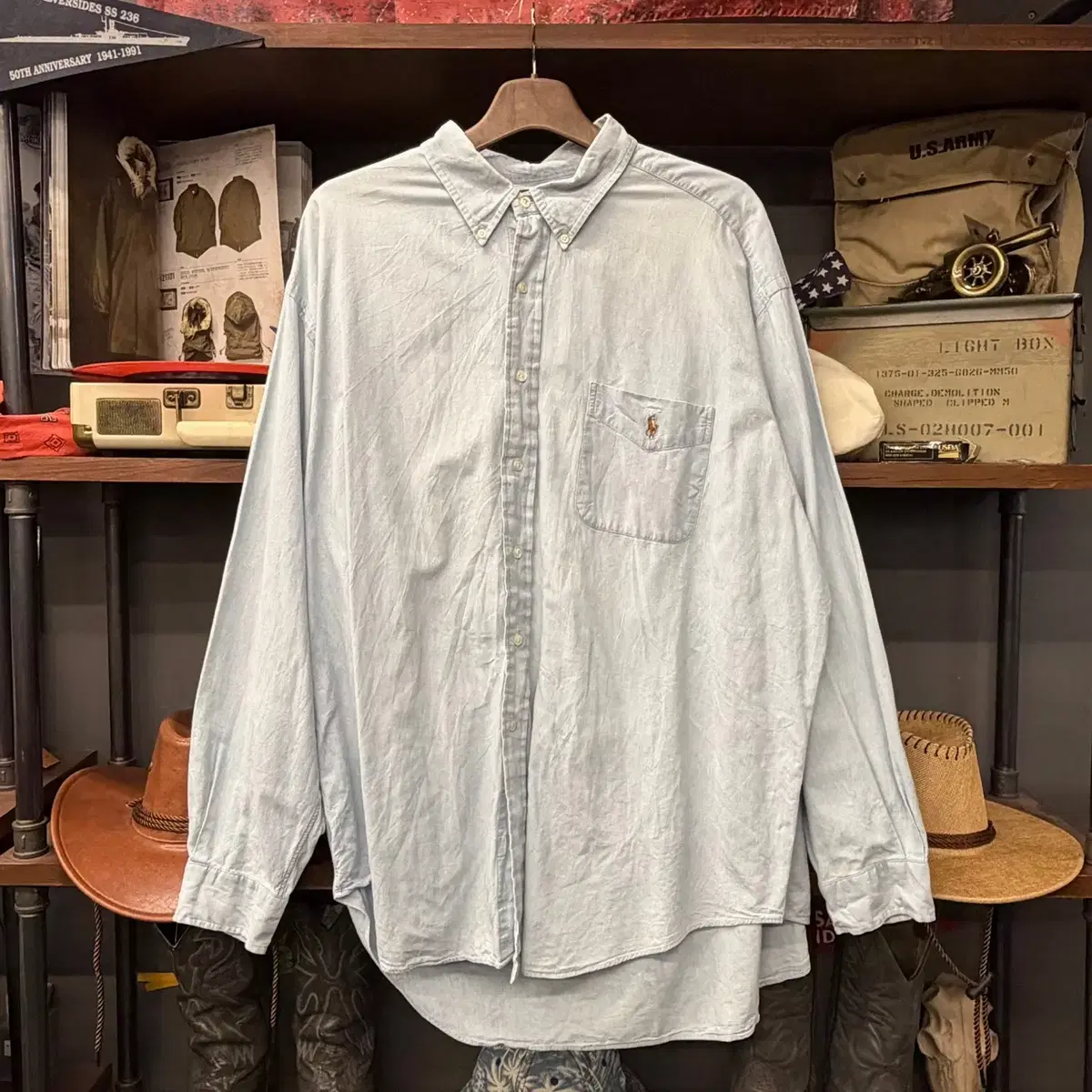 90s Polo Ralph Lauren Chambray Denim Button-Down Shirt N2810 Indigo Washing Multicolor Pony Embroidery Logo Shirt