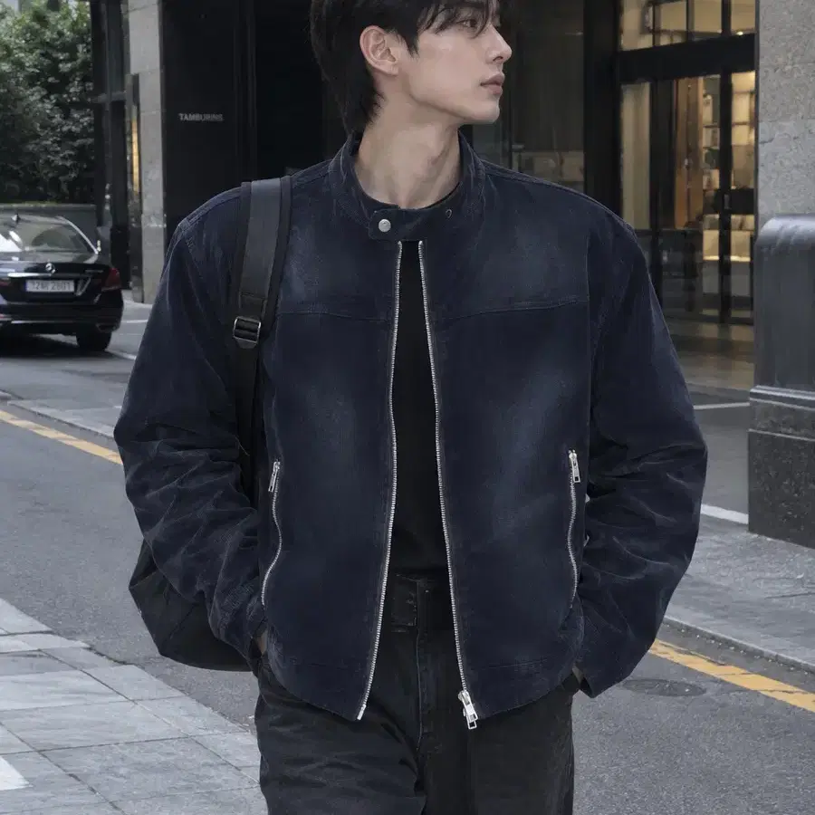 키뮤어 빈티지 워싱 코튼 코듀로이 바이커 자켓 네이비