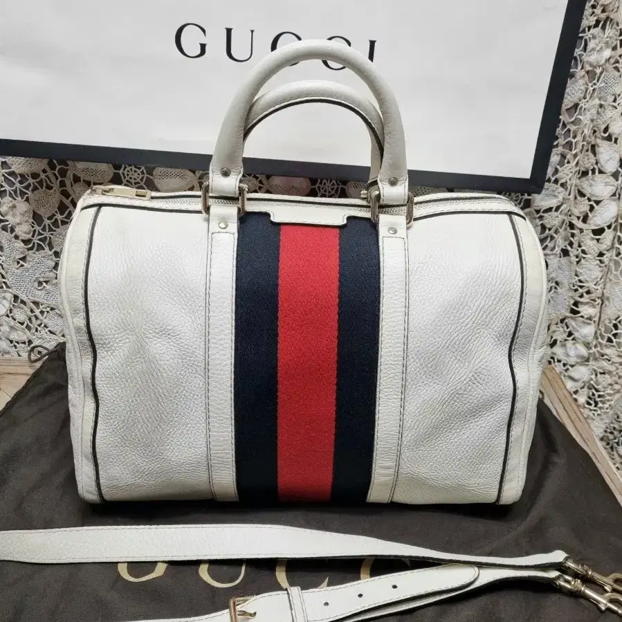 GUCCI테크노 삼선블랙레더보스턴 투웨이가방