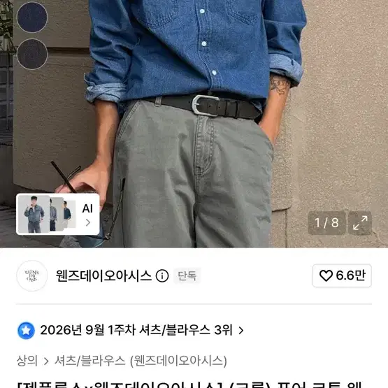 [젠플록스x웬즈데이오아시스] 퓨어 코튼 웨스턴 데님 셔츠 인디고 사이즈 교환 M>L
