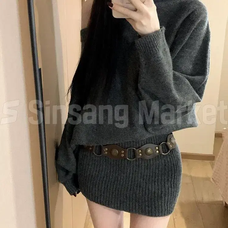 [빠른발송] 엠마 오프숄더 골지니트 미니원피스 벨트세트 섹시글램 Y2K