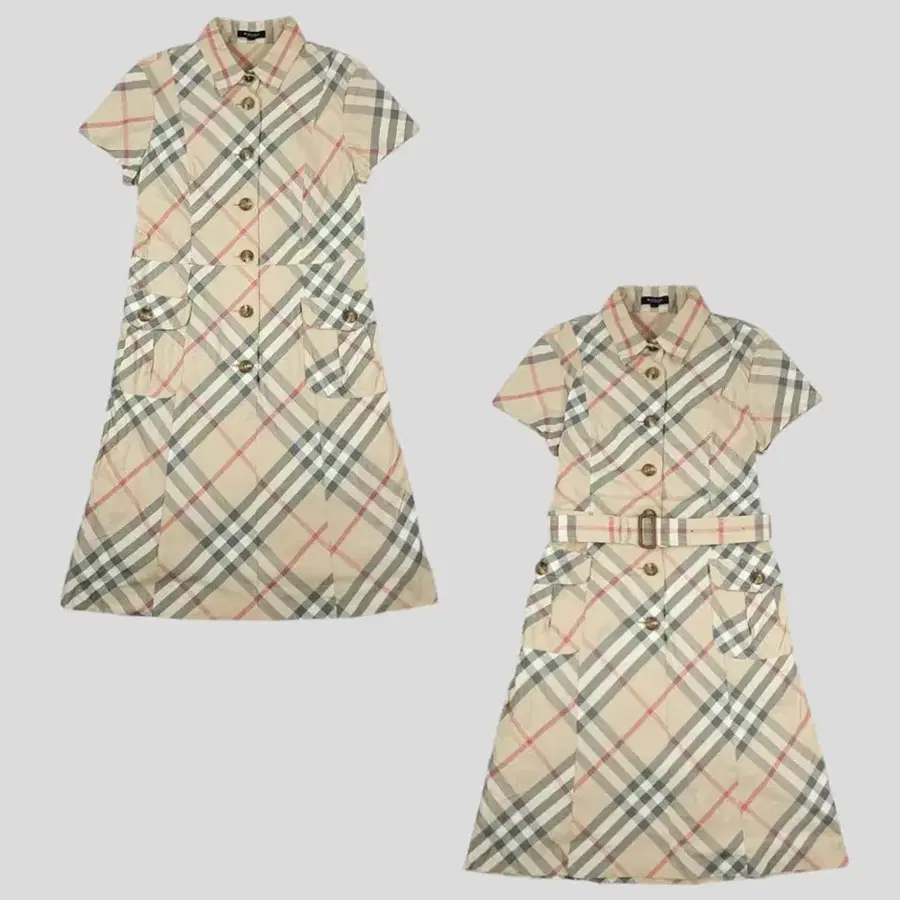 BURBERRY 버버리 베이지 노바체크 벨티드 코튼 클래식 반팔 하프슬리브 트렌치 셔츠 A라인 원피스 MADE IN JAPAN WOMANS M