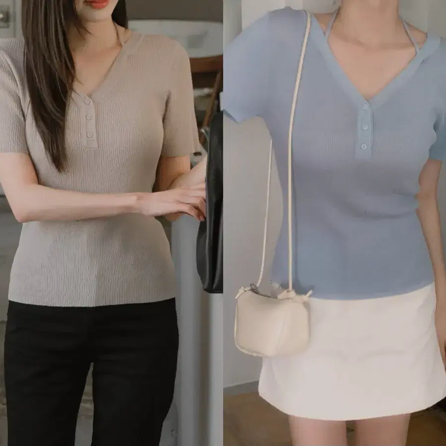 골지 홀터넥 헨리넥 브이넥 단추 니트 여름 반팔 리본 스트랩 하객룩 출근룩 베이지 하늘색 소라 스카이블루