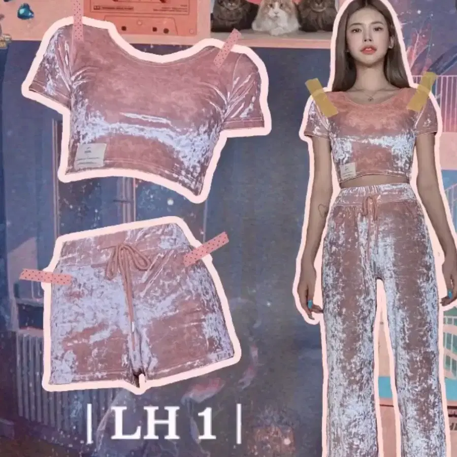 핑크 벨벳 크롭티 세트
