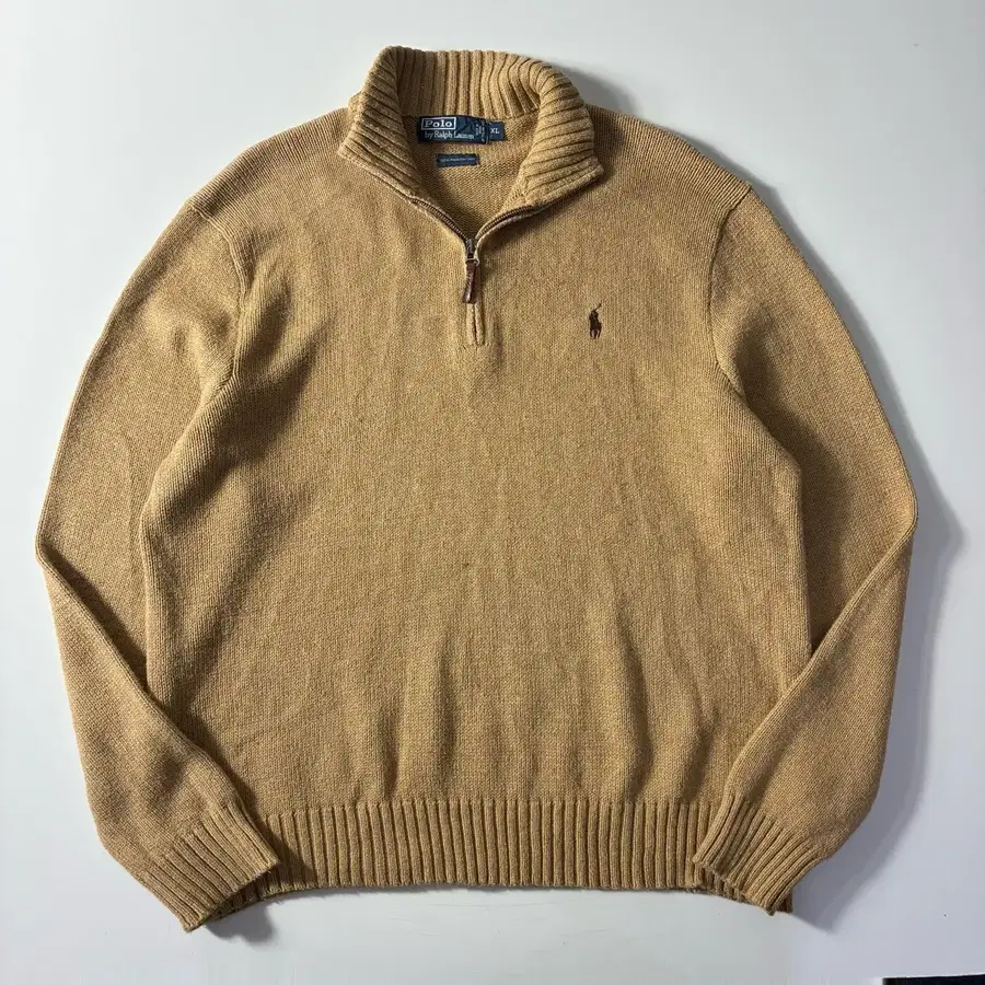 Polo  폴로 랄프로렌 자수 피마코튼 베이지브라운 반집업 니트