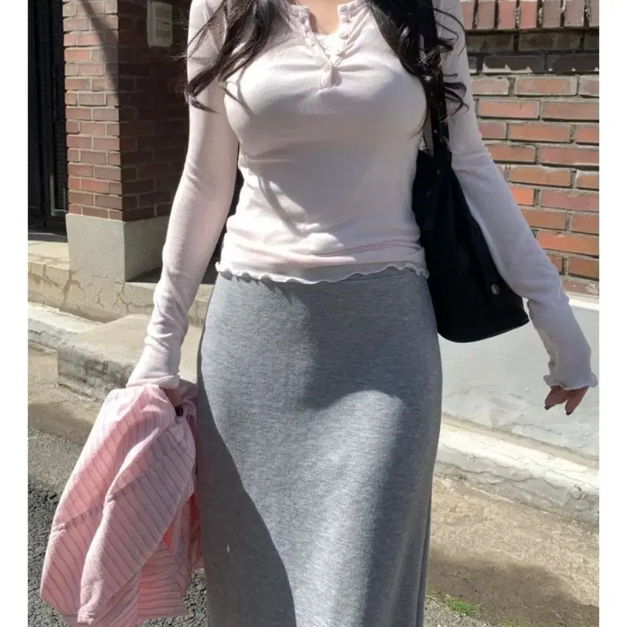 럽쑨 레이어드짱 날라리 단추얇티 핑크