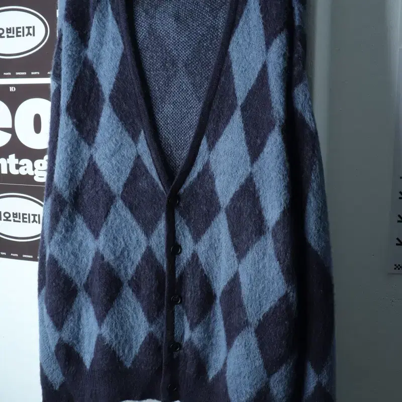 (XL-2XL) 비슬로우 니트 가디건 모헤어 아가일 블루-H40481